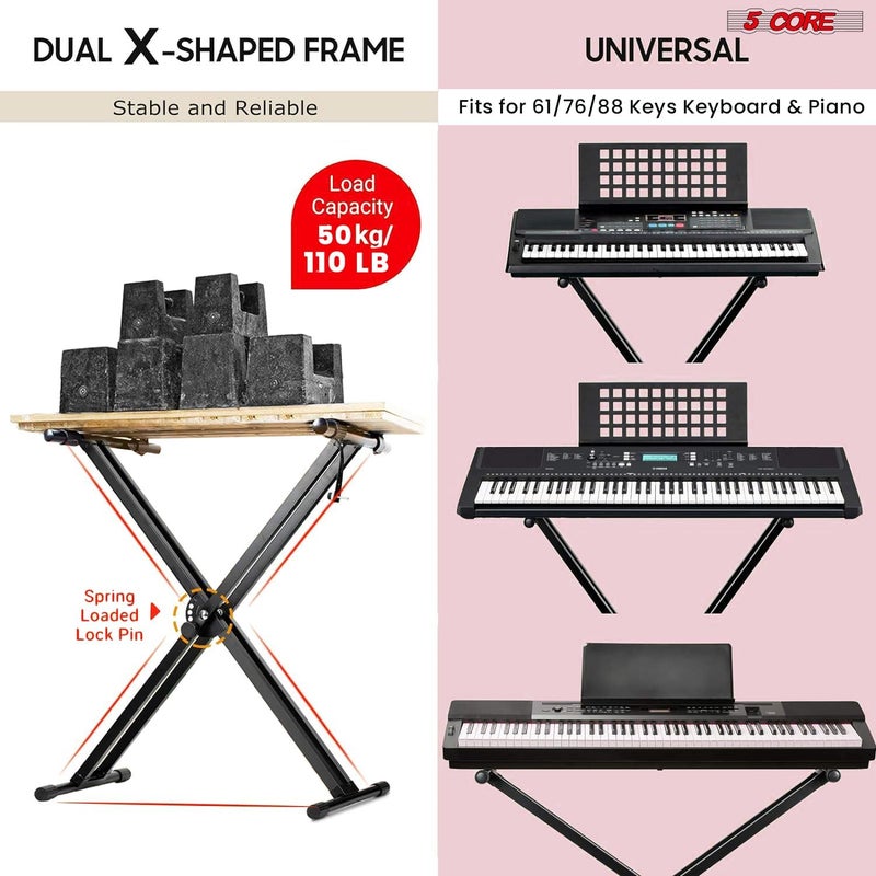 5 Core Piano Keyboard Stand Double X Heavy Duty 7 Adjustable Heights & Width Digital Electric Synthesizer Music Stands For 61 76 88 Keys w Secure Locking Strap KS 2X BLK - Image 3